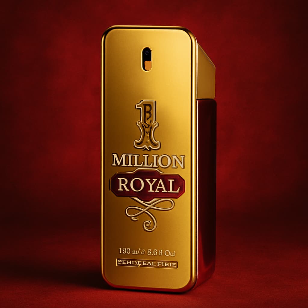 Gold '1 Million Royal' perfume bottle on a red background