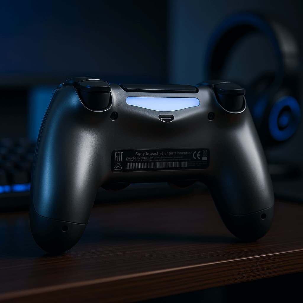 Black gaming controller on a wooden surface with a blurred background
