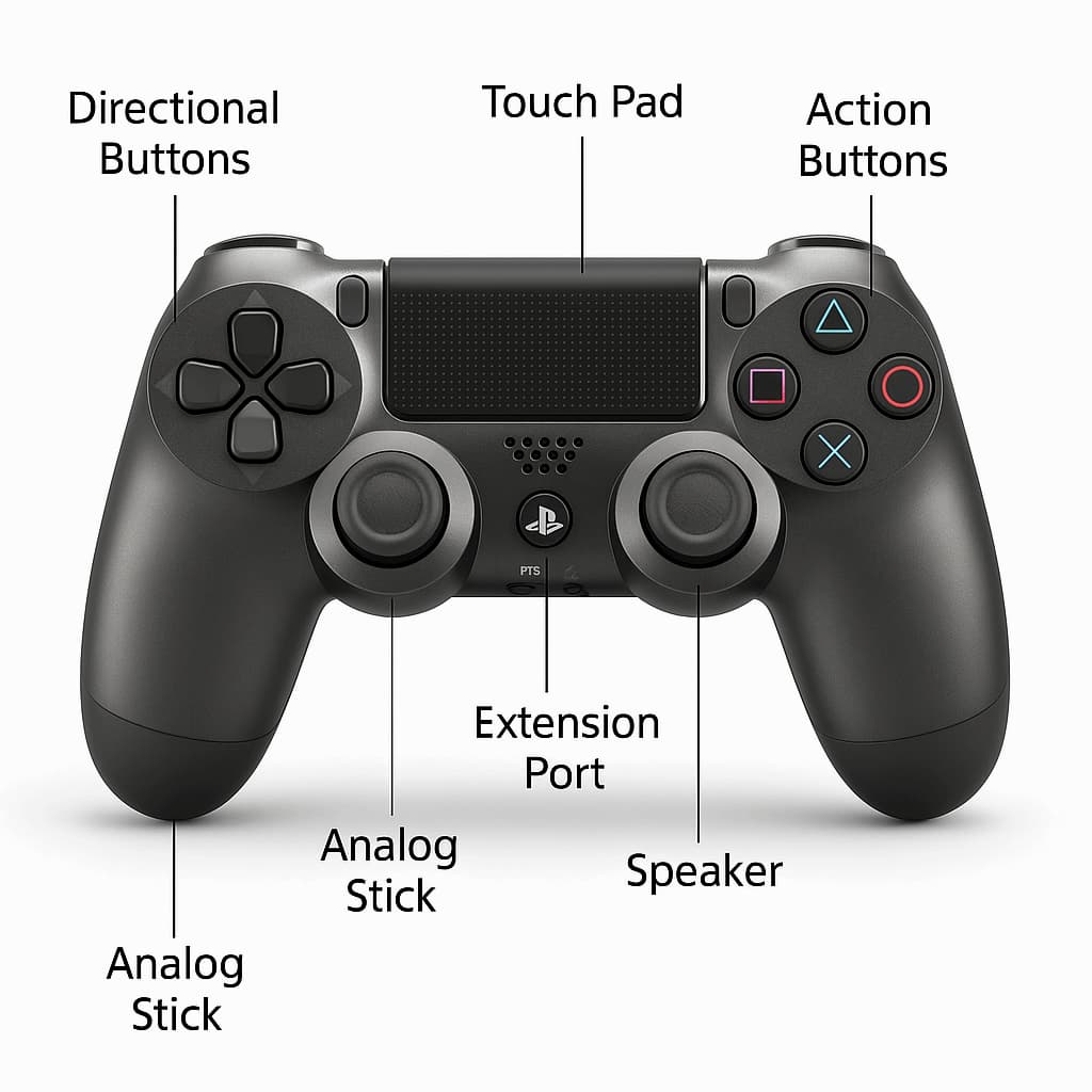 Gaming controller with labeled parts on a white background