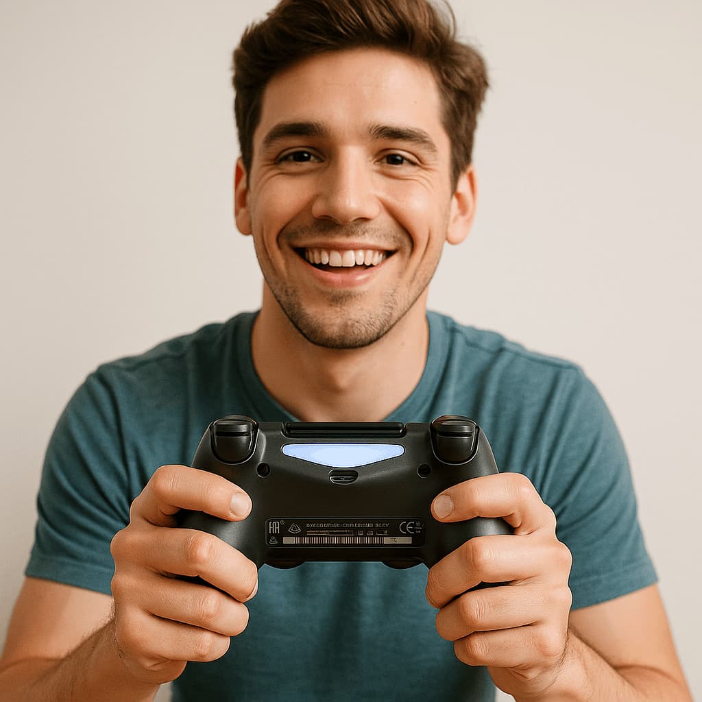 Man holding a gaming controller with a neutral background