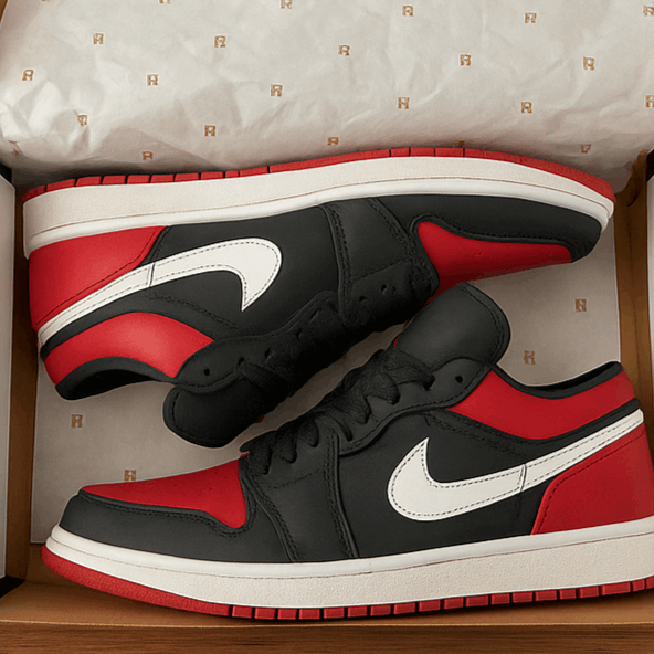Red and black sneakers in an open box with promotional text and a 'Shop Now' button.