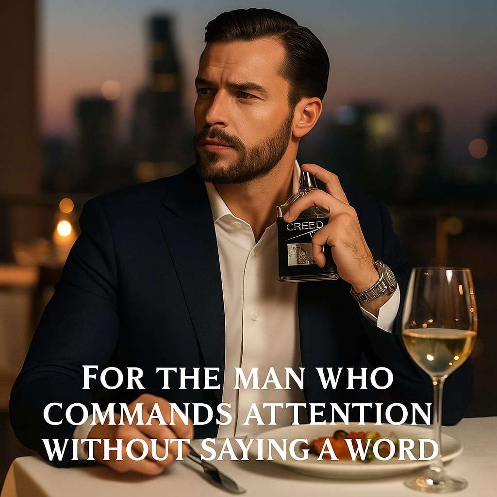 Man holding a Creed cologne bottle with a cityscape background
