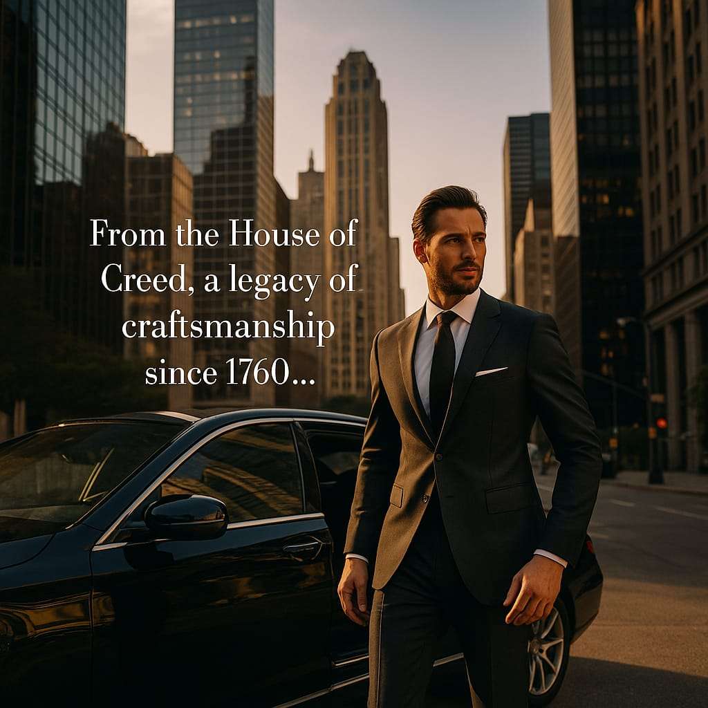 Man in a suit standing in front of a car with cityscape background and text about House of Creed.