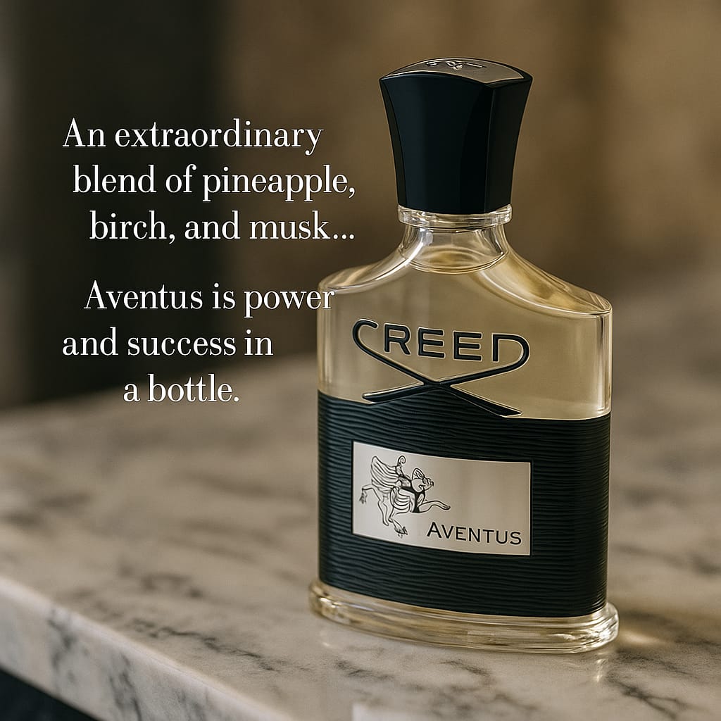 Creed Aventus perfume bottle on a marble surface with descriptive text.
