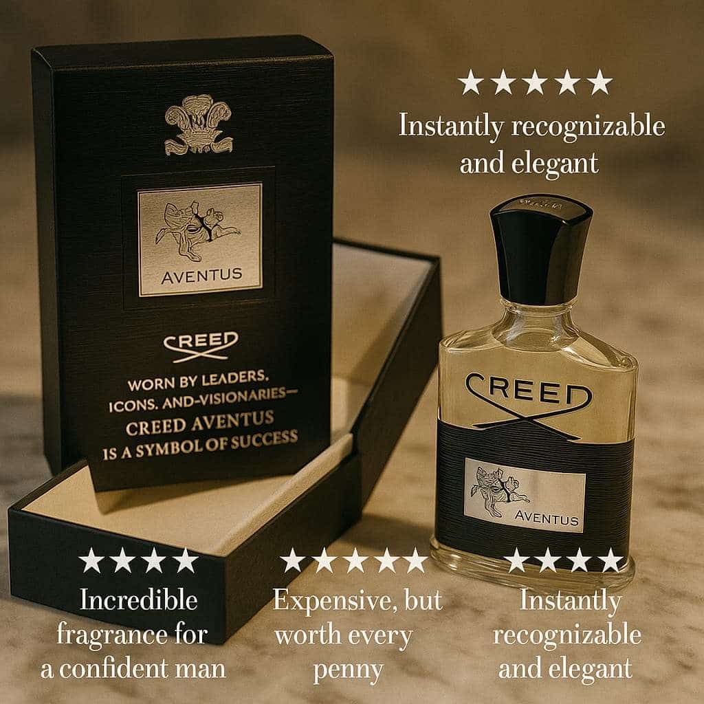 Creed Aventus perfume bottle and packaging on a wooden surface with text describing the product.