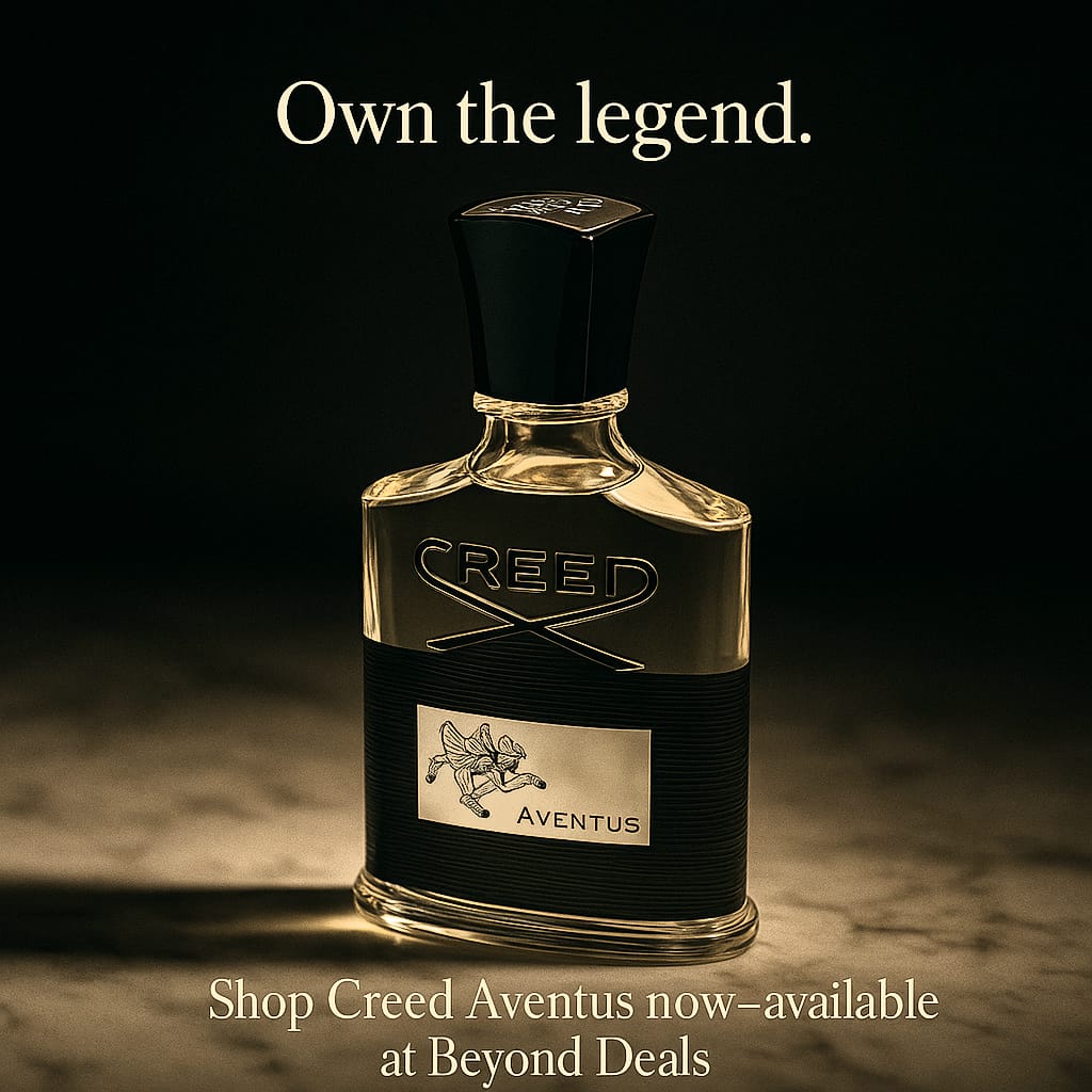 Creed Aventus perfume bottle with 'Own the legend' text on a dark background