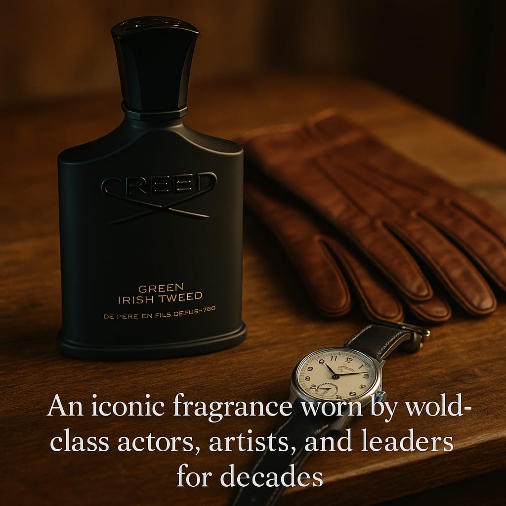 Black Creed perfume bottle with brown gloves and watch on a wooden surface
