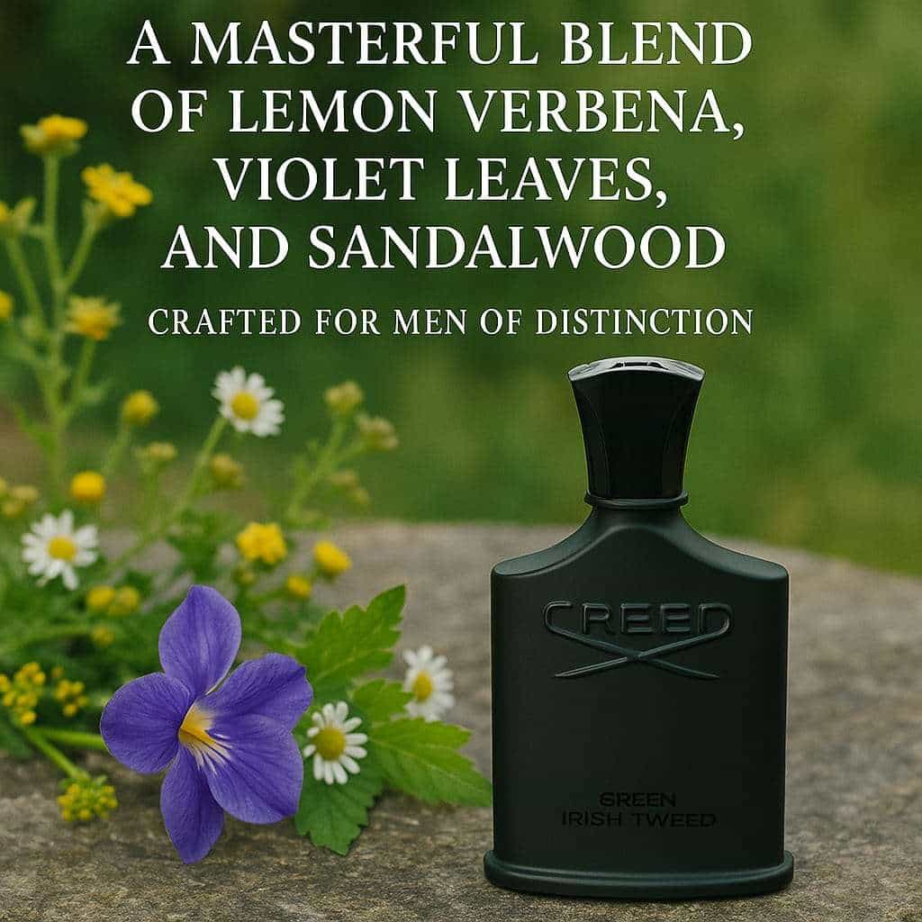 Black Creed perfume bottle with flowers and text on a blurred natural background