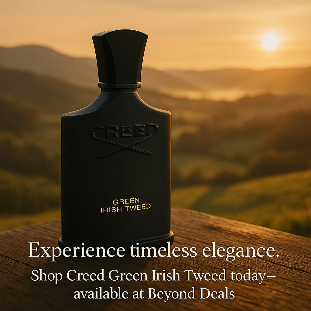 Creed Green Irish Tweed perfume bottle with a scenic background