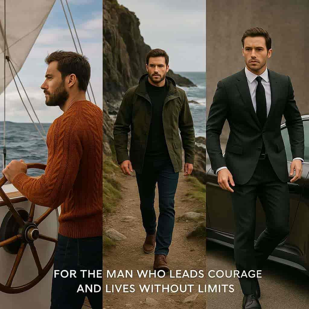 Collage of a man in different outfits with scenic backgrounds and motivational text.