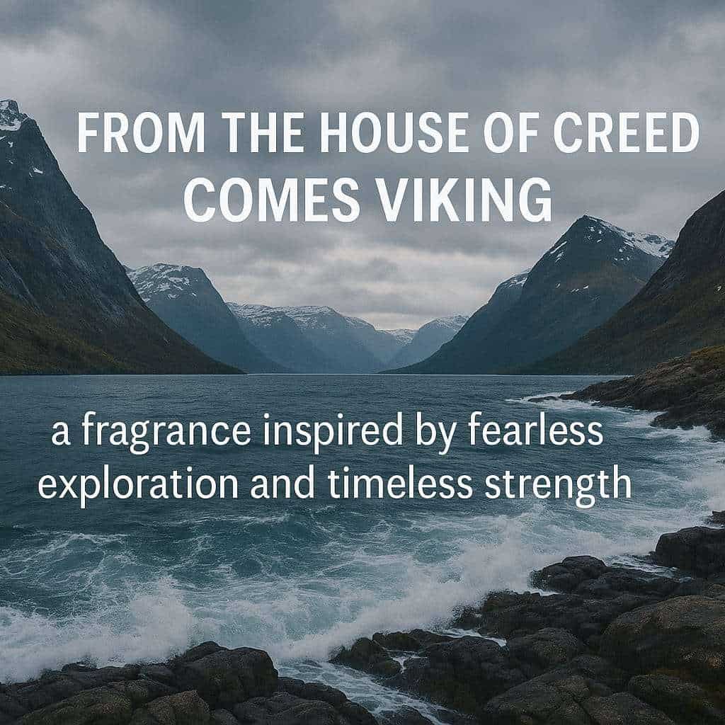 Scenic view of mountains and water with text about a fragrance inspired by exploration and strength.