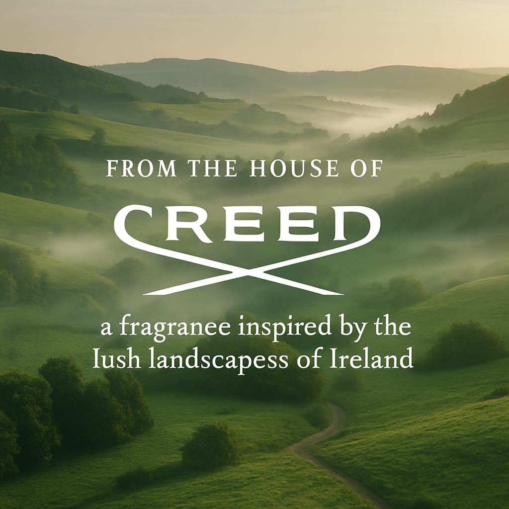 Scenic landscape of rolling green hills with a road, overlaid with Creed branding text.