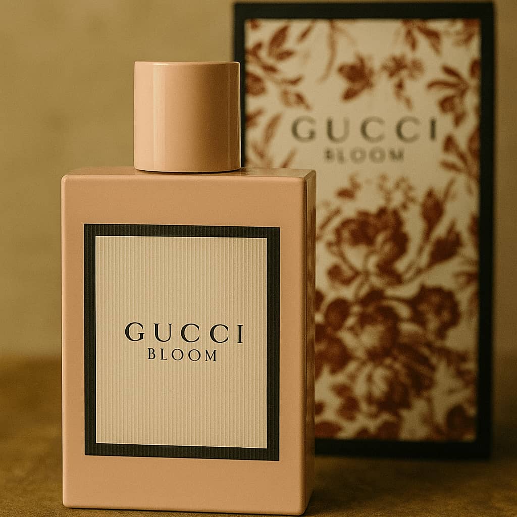 Gucci Bloom perfume bottle and packaging on a textured background