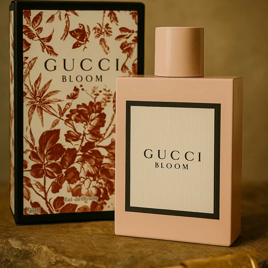 Gucci Bloom perfume bottle and packaging on a textured surface