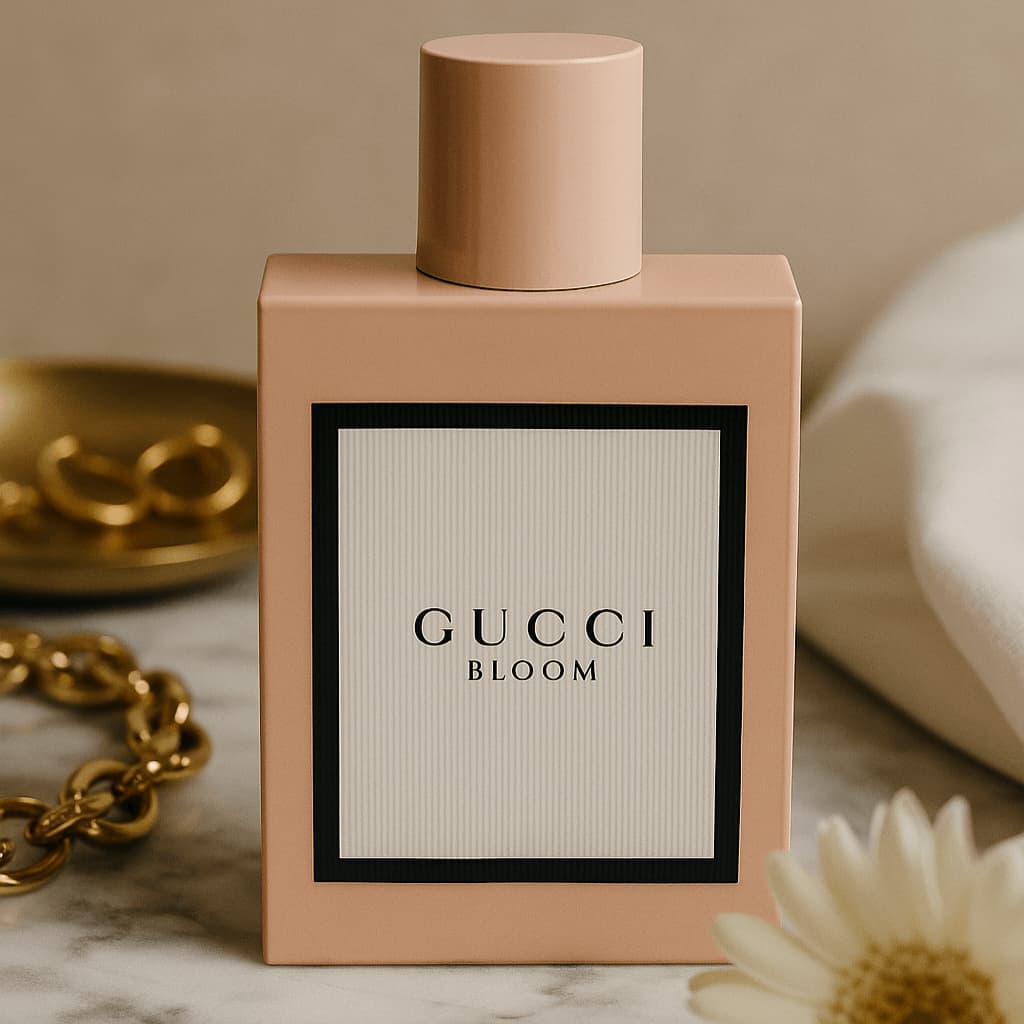 Gucci Bloom perfume bottle on a marble surface with gold chain and white flower.