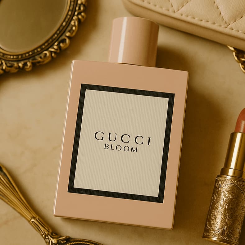 Gucci Bloom perfume bottle with a lipstick and mirror on a beige surface