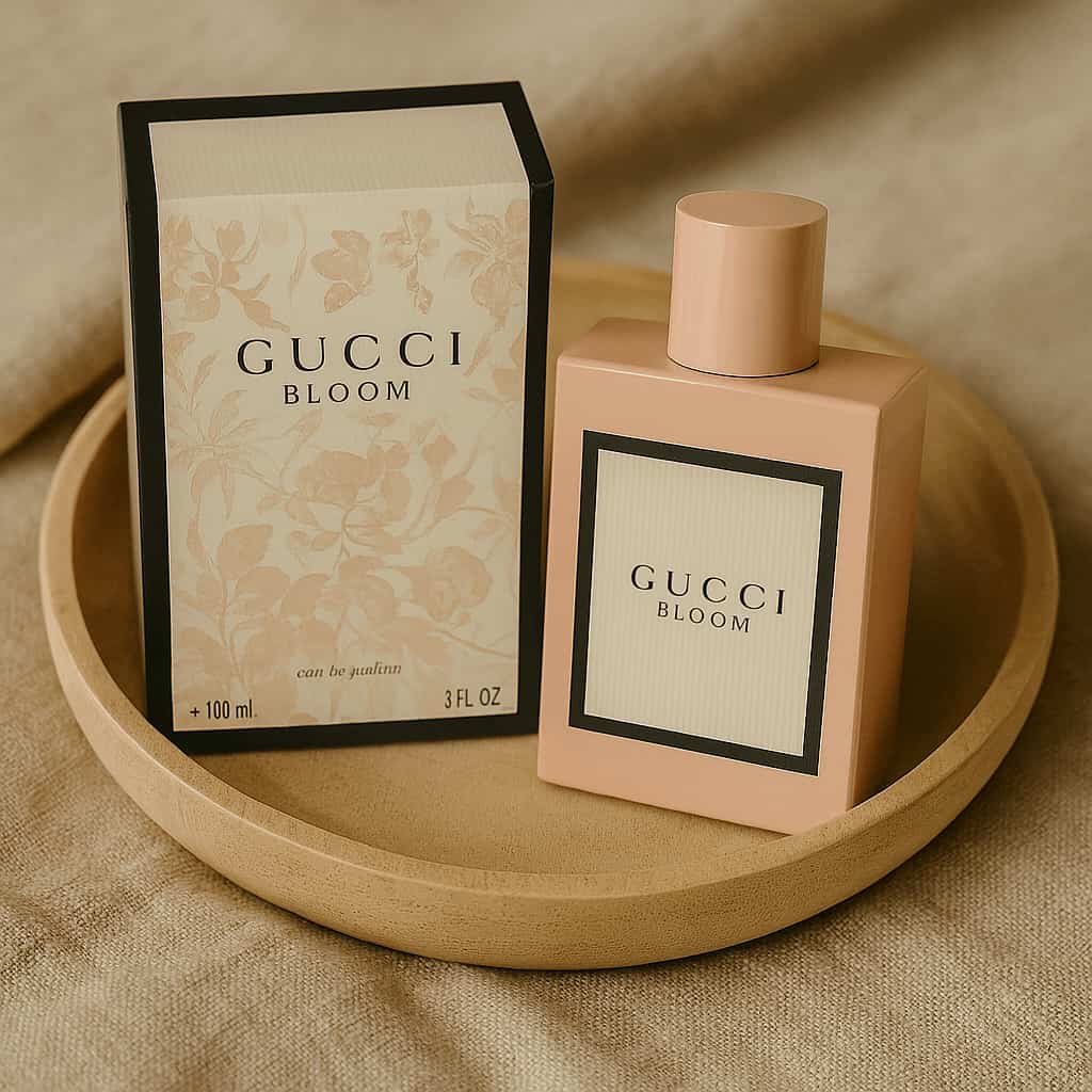 Gucci Bloom perfume bottle and packaging on a beige tray with a beige background