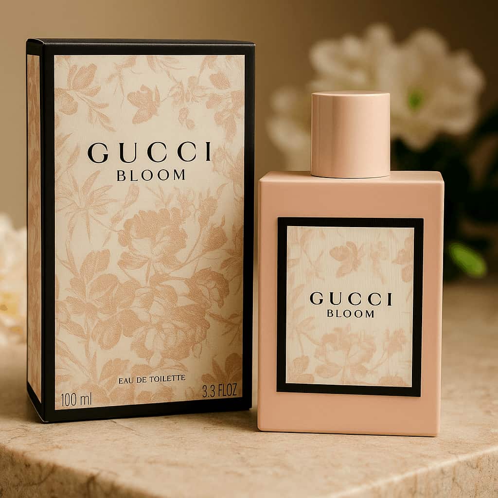 Gucci Bloom perfume bottle and packaging on a wooden surface with a blurred floral background
