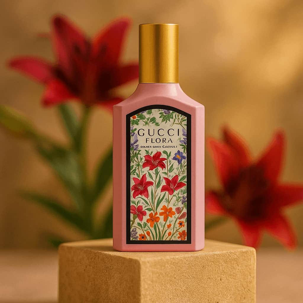 Gucci Flora perfume bottle with floral design on a wooden block against a blurred floral background