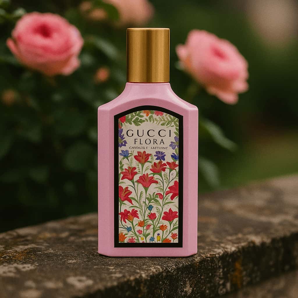 Gucci Flora perfume bottle with floral design on a stone surface with pink flowers in the background