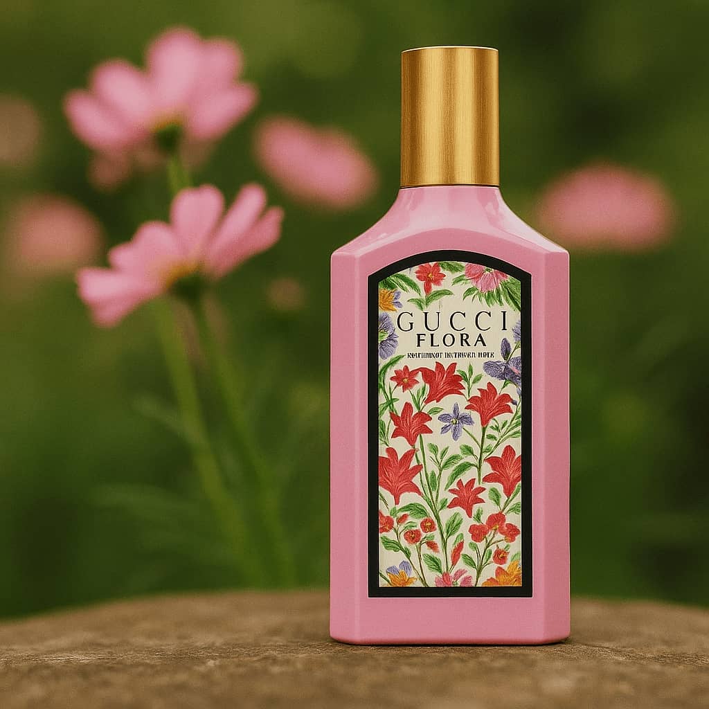 Gucci Flora perfume bottle with floral design on a blurred floral background