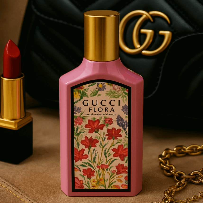 Gucci Flora perfume bottle with floral design, red lipstick, and Gucci bag in the background.