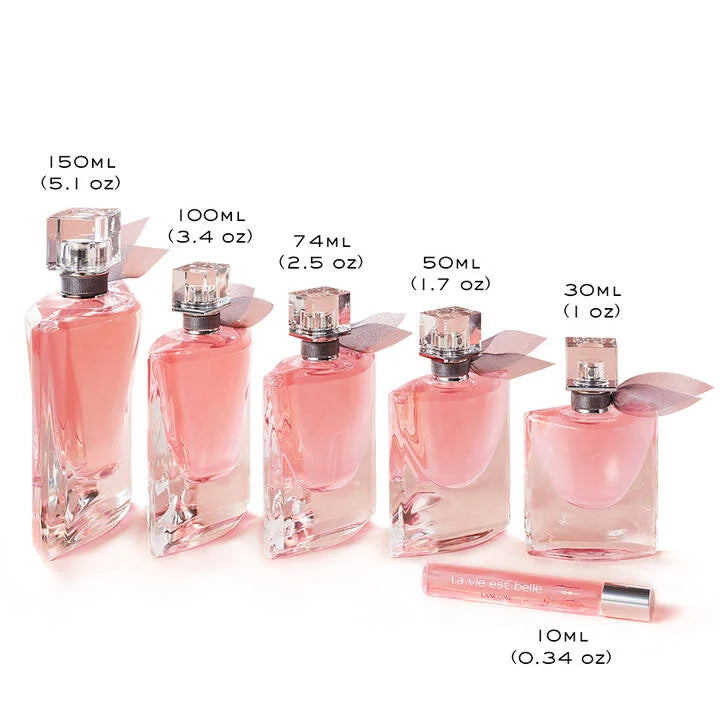 Set of pink perfume bottles with labeled capacities on a white background