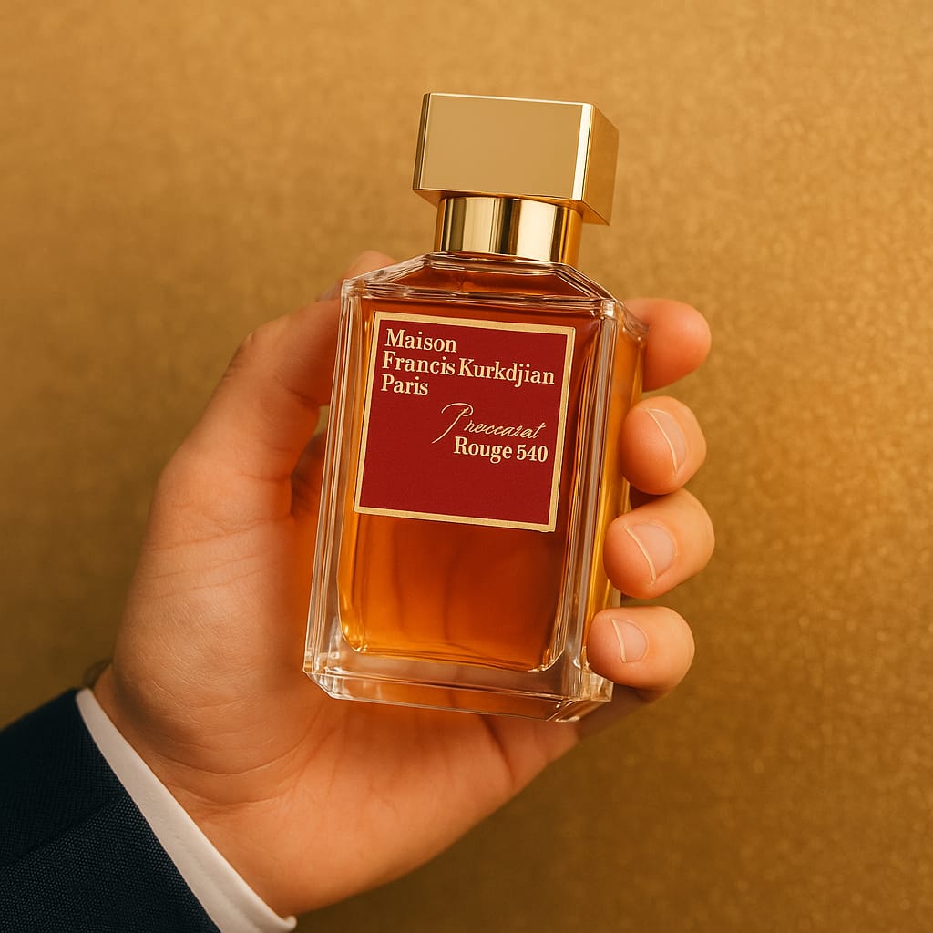 Hand holding a Maison Francis Kurkdjian perfume bottle against a gold background