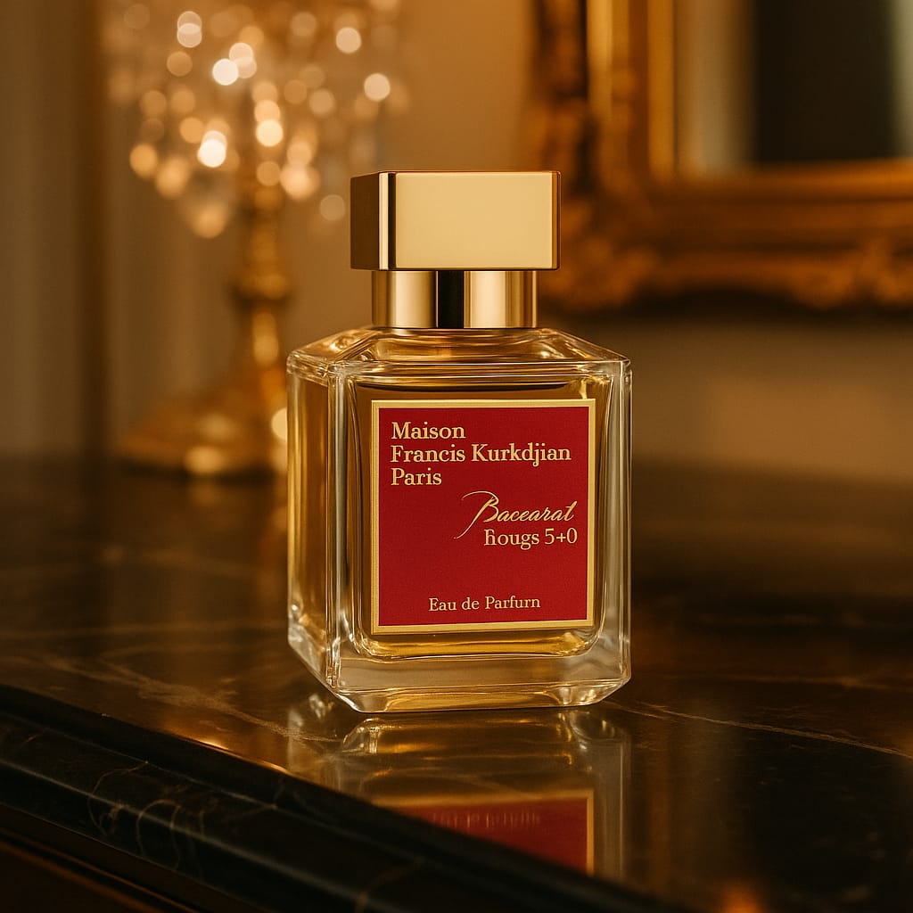 Perfume bottle with gold cap and red label on a reflective surface