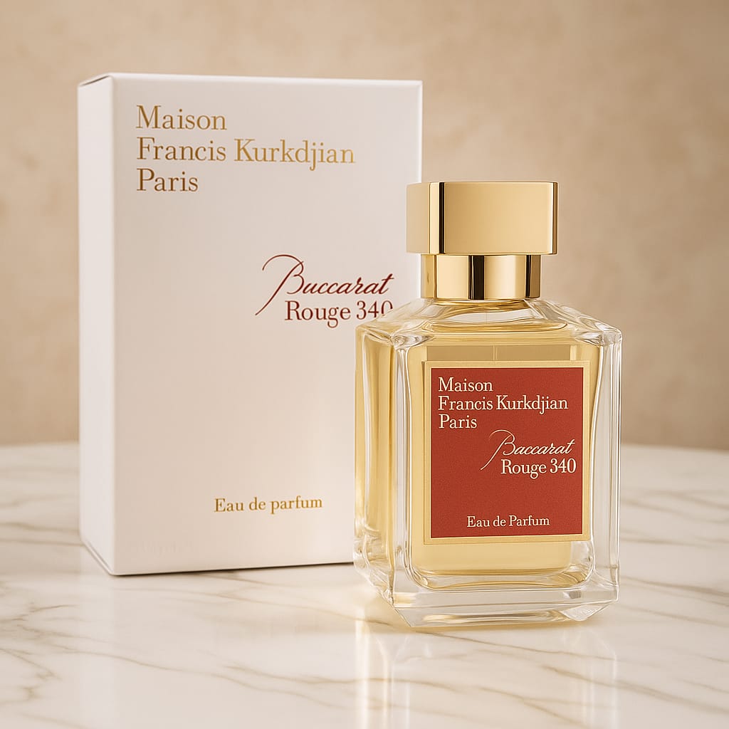 Maison Francis Kurkdjian Baccarat Rouge 340 perfume bottle and packaging on a beige background