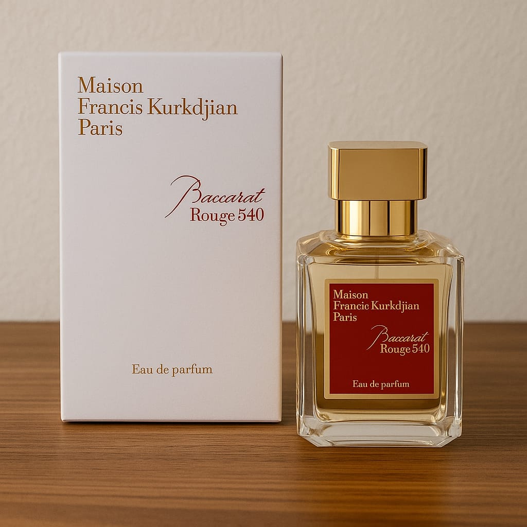 Maison Francis Kurkdjian perfume bottle and packaging on a wooden surface