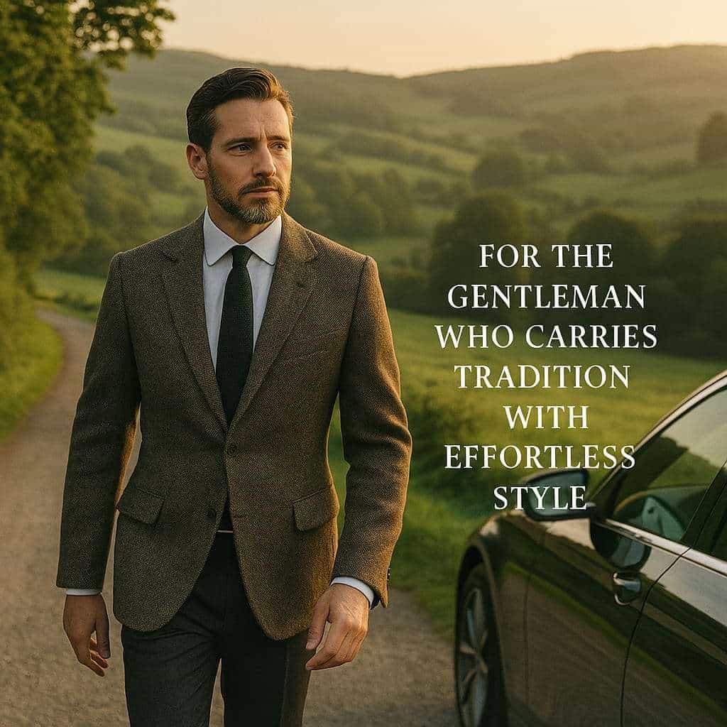 Man in a suit standing on a road with a scenic background and text about gentleman style.
