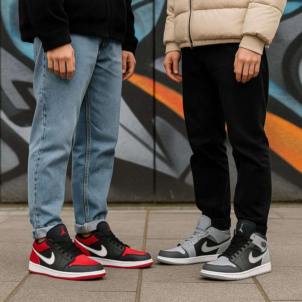 Two people wearing Jordan sneakers against a graffiti wall.