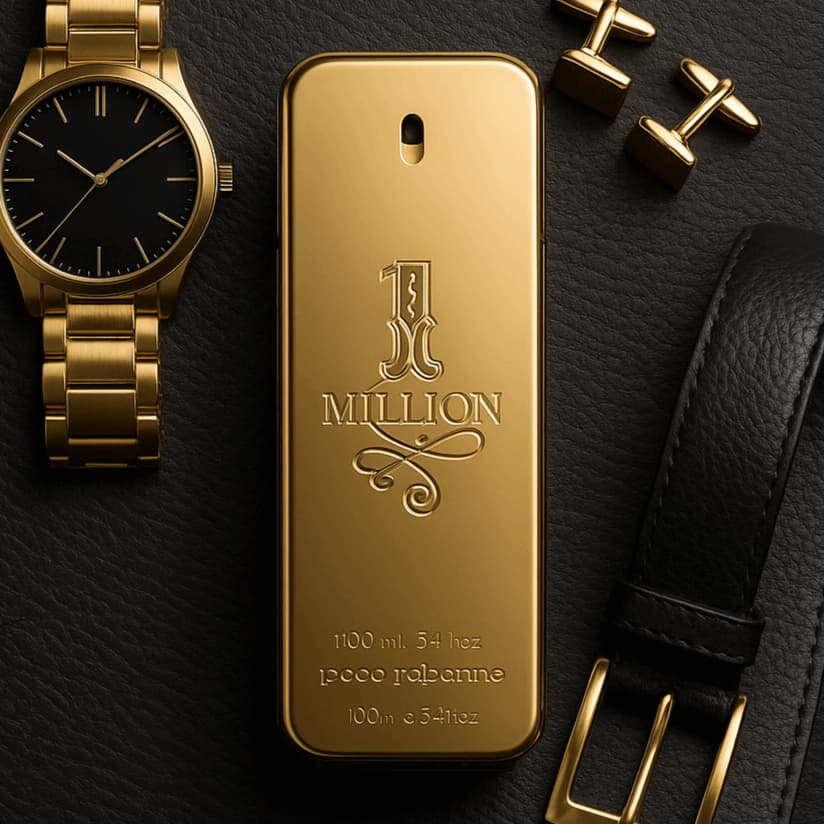 Gold '1 Million' perfume bottle with a watch, cufflinks, and belt on a dark surface