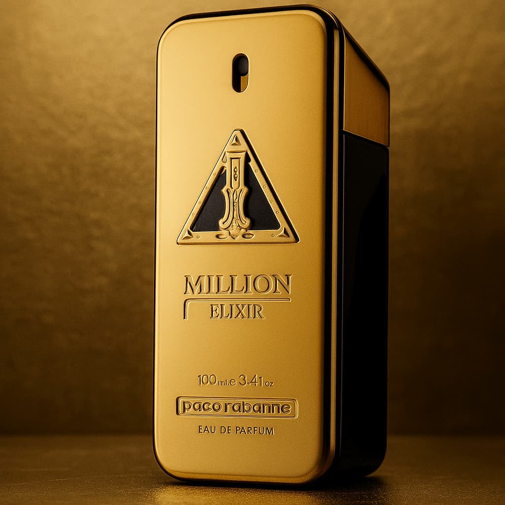 Gold perfume bottle with 'Paco Rabanne Million Elixir' branding on a brown background