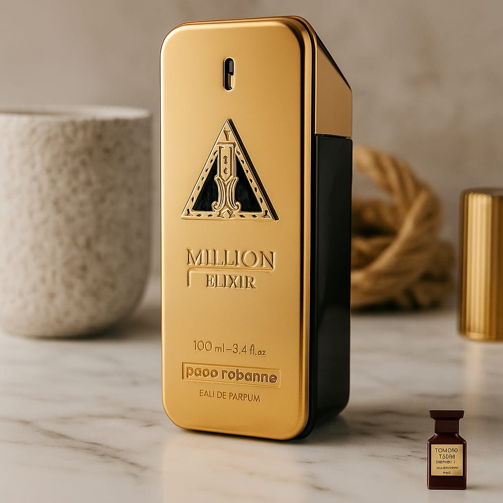 Gold and black perfume bottle with triangle logo on a marble surface
