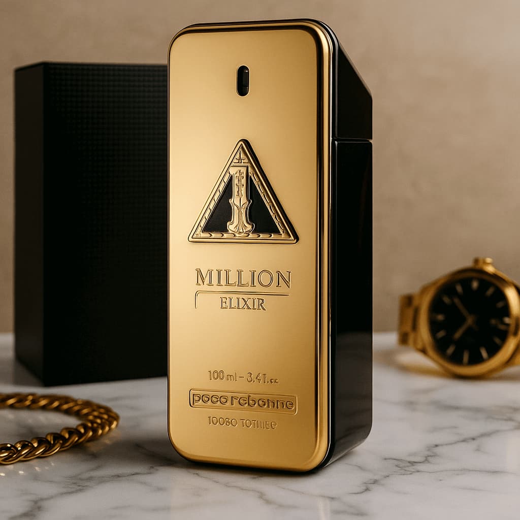 Gold 'Million Elixir' perfume bottle with packaging and watch on marble surface