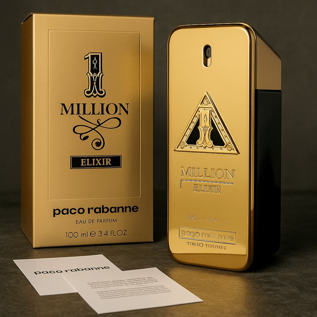 Paco Rabanne Million Elixir perfume bottle and packaging on a dark surface