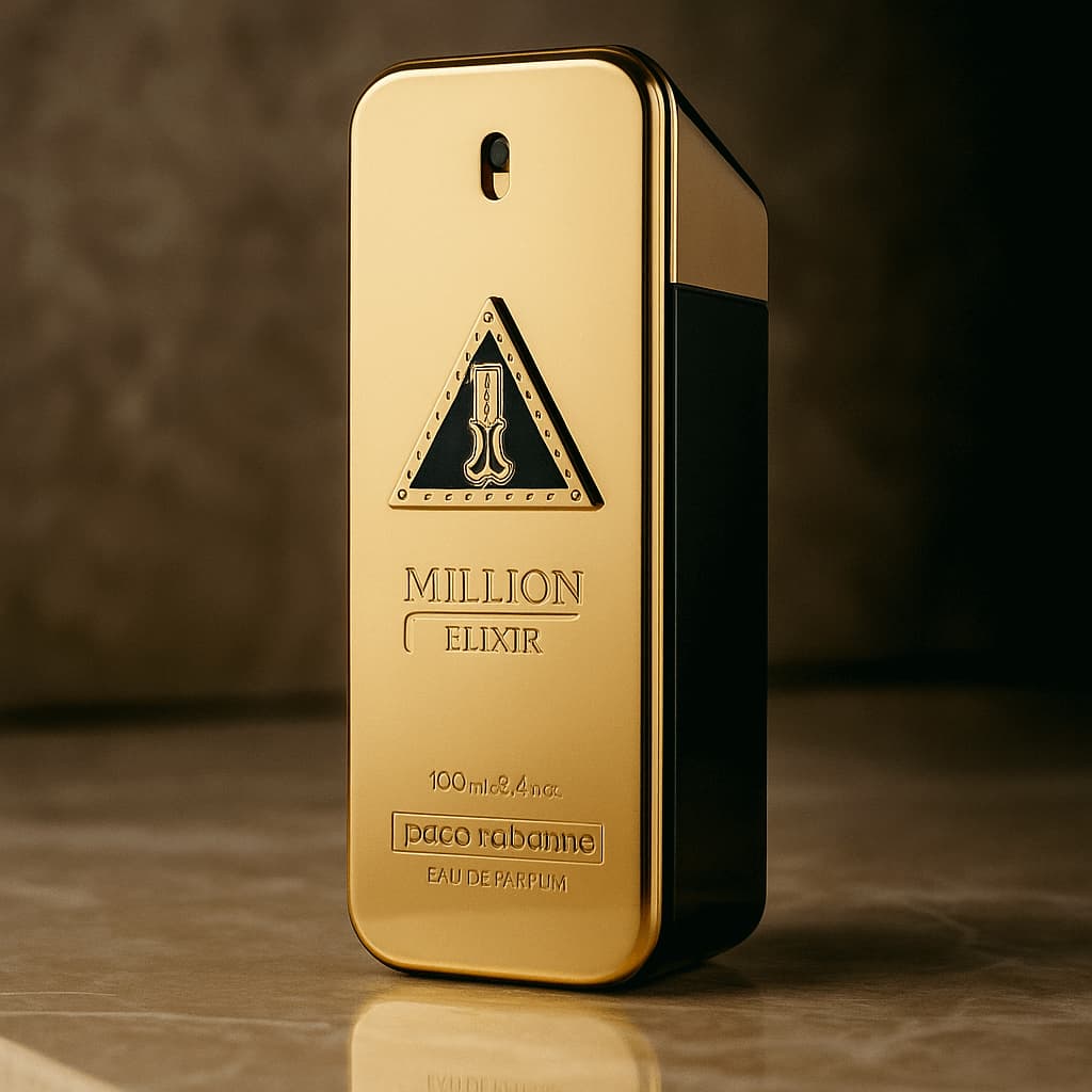 Gold perfume bottle of Paco Rabanne Million Elixir on a reflective surface with a dark background