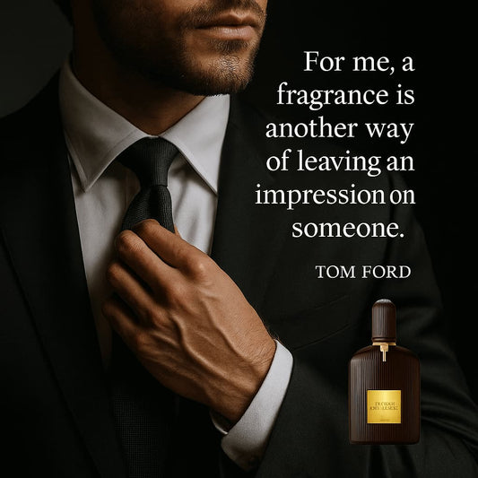 Man adjusting his tie with a Tom Ford perfume bottle and quote on a dark background