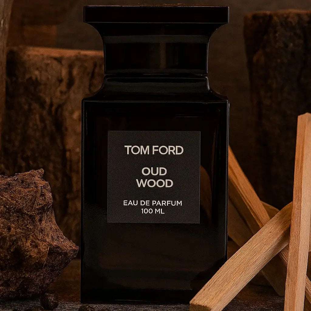Tom Ford Oud Wood perfume bottle with wooden sticks and dark background