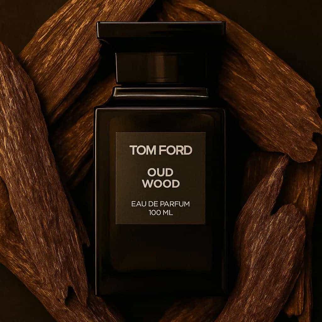 Tom Ford Oud Wood perfume bottle surrounded by wooden elements on a dark background