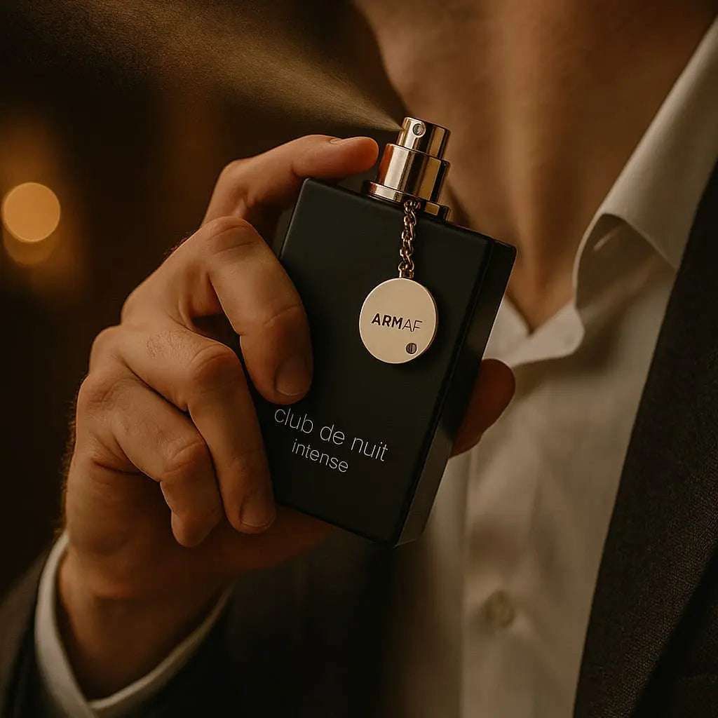 Person holding a black perfume bottle labeled 'club de nuit intense' by AMBITION.