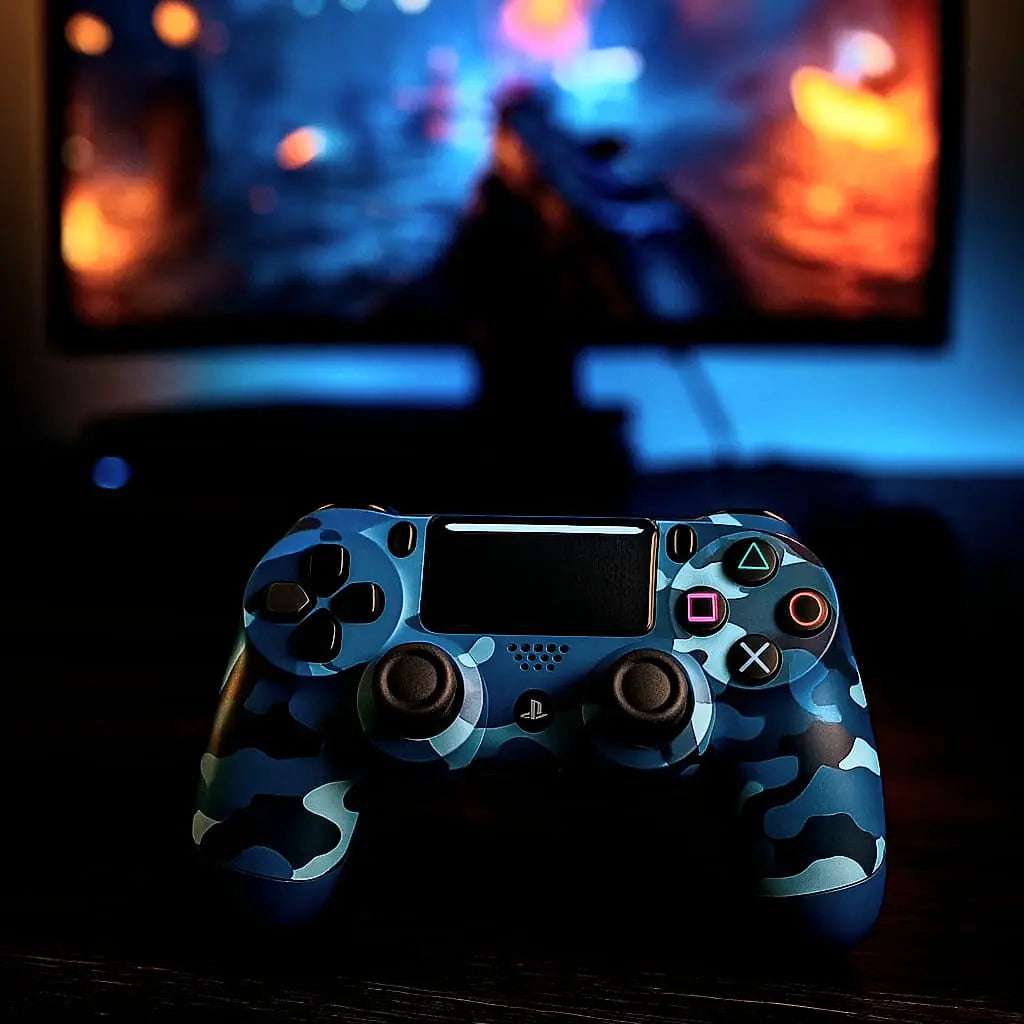 Camouflage gaming controller in front of a screen displaying a video game.