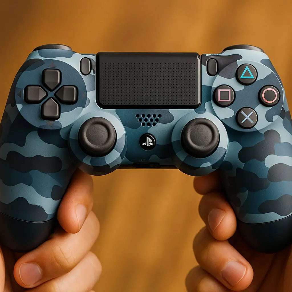 Blue camouflage gaming controller held by two hands against a blurred brown background