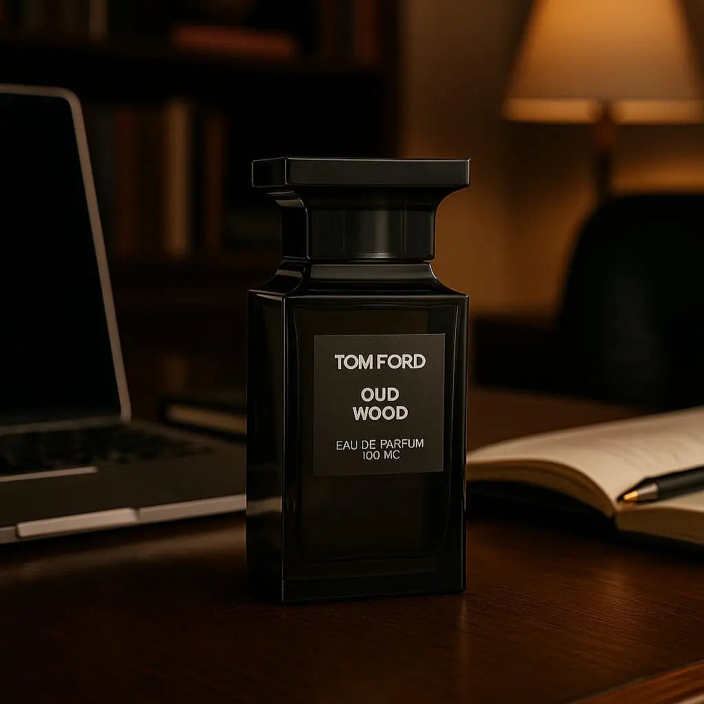 Tom Ford Oud Wood perfume bottle on a desk with a laptop and lamp in the background