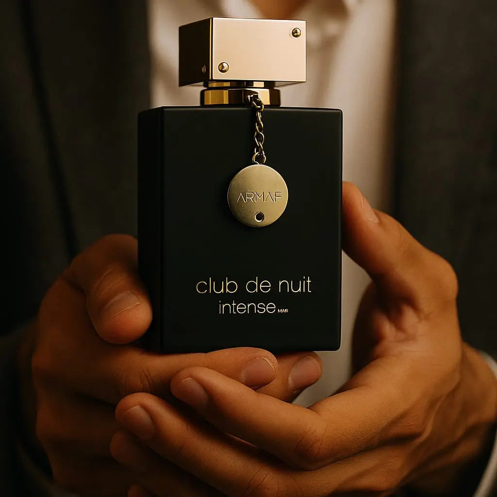 Person holding a black Armaf Club de Nuit intense perfume bottle.