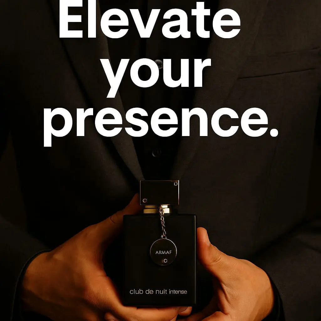 Person holding a perfume bottle with the text 'Elevate your presence' on a dark background