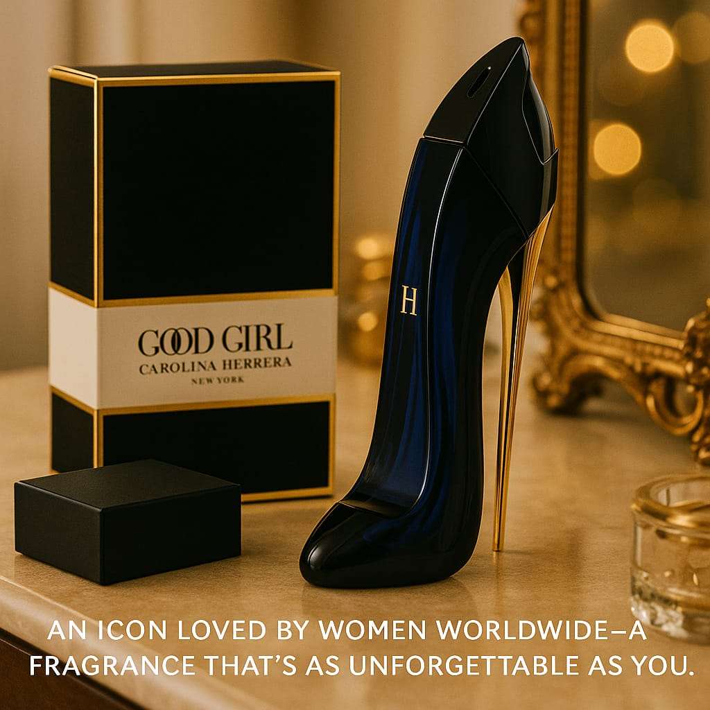 Black high-heeled shoe and Carolina Herrera Good Girl perfume box on a reflective surface.