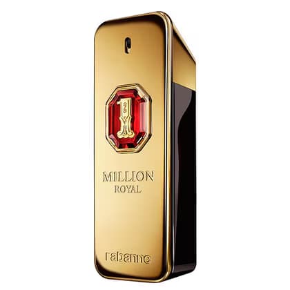 Gold and black perfume bottle with 'One Million Royal' text on a white background